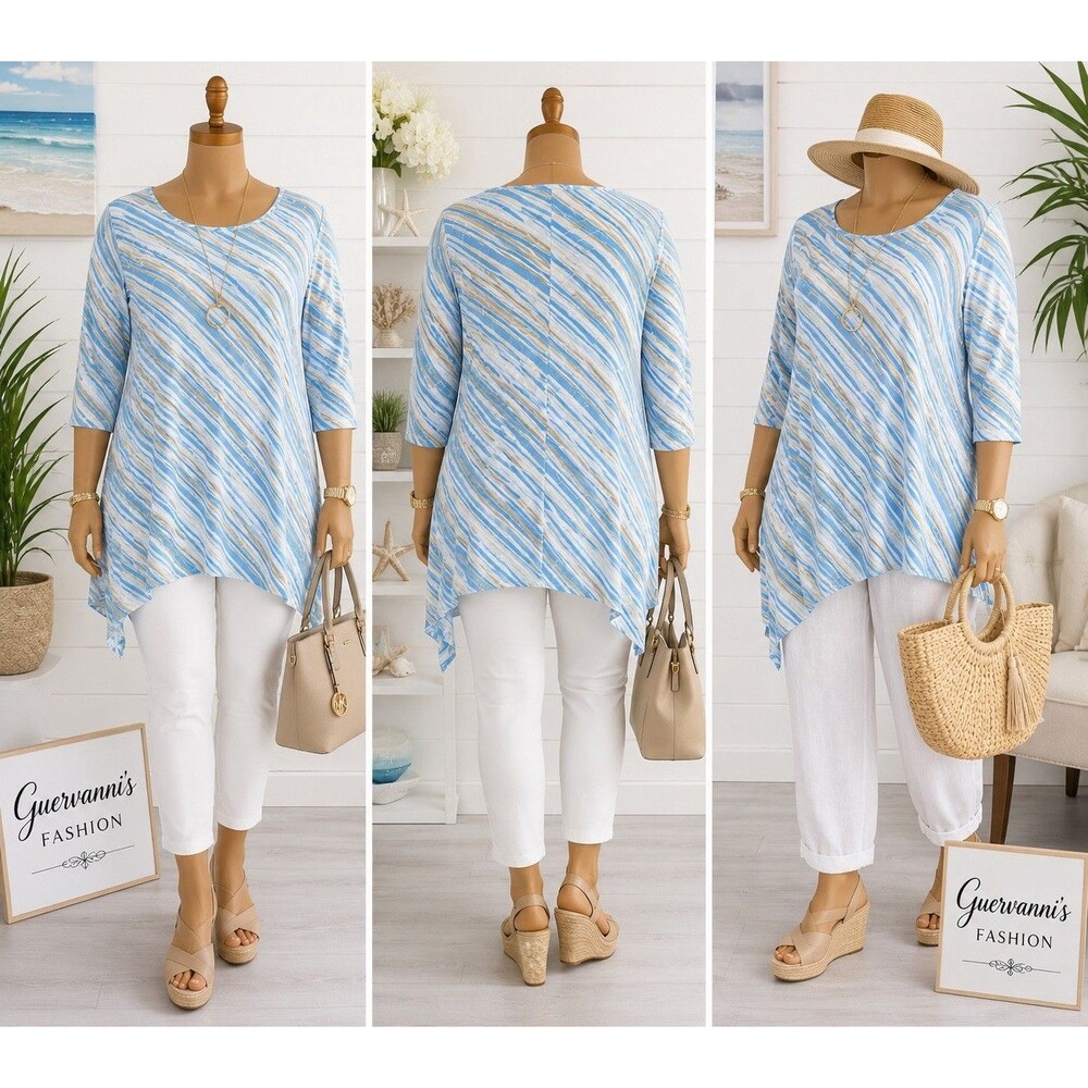 Gallery Plus Womens 1X Tunic Top Blue White Striped Asymmetrical 3/4 Sleeve Casu